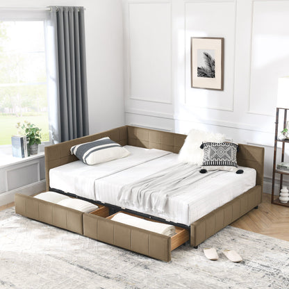 Mid-Century Storage Upholstered Tufted Bed Frame With Backrest And Armrests