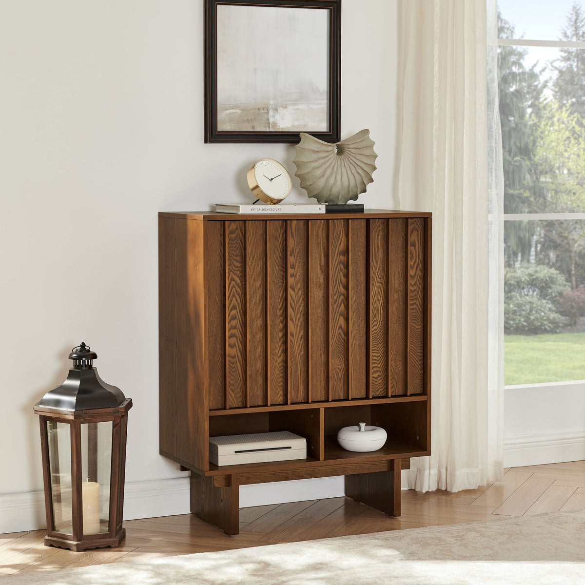 Sideboard Buffet Cabinet With Grille Slat Design With 3 Doors And Adjustable Shelves