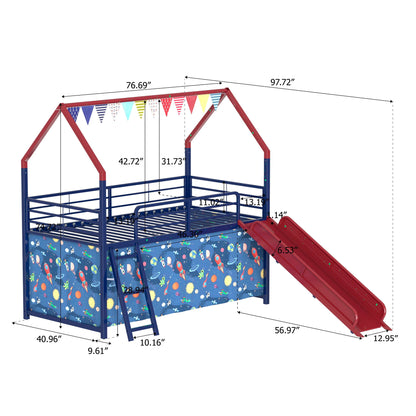 Jack - House Loft Bed With Slide And Curtain Set
