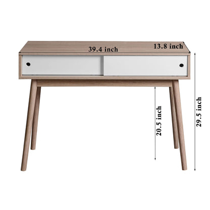 Rustic Entryway Console Table With Sliding White Doors And Wood Legs - Natural