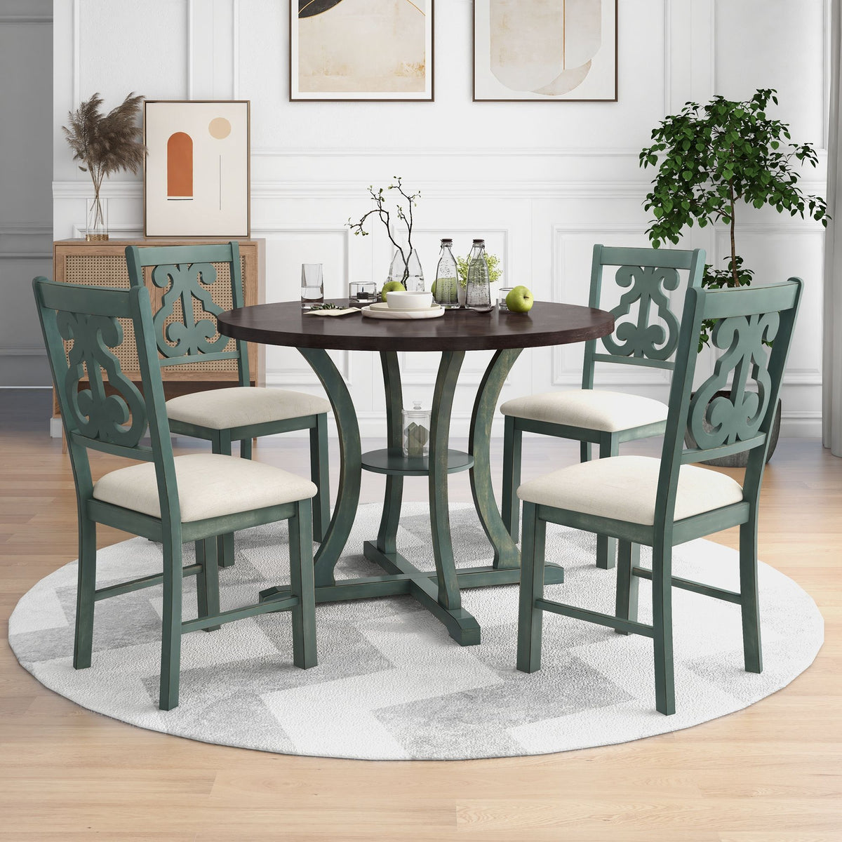 5 Piece Round Dining Table And Chair Set With Unique Legs And Hollow Chair Back