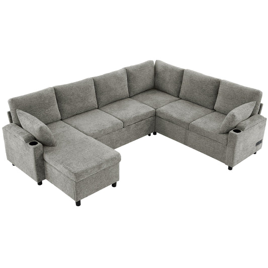 U-Shaped Sectional Sleeper Sofa With Ample Storage Space, 2 Cup Holders And Charging Ports For Living Room