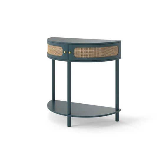 Boho Rattan Semi Circle End Table With Sliding Rattan Door, Storage And Bottom Shelf