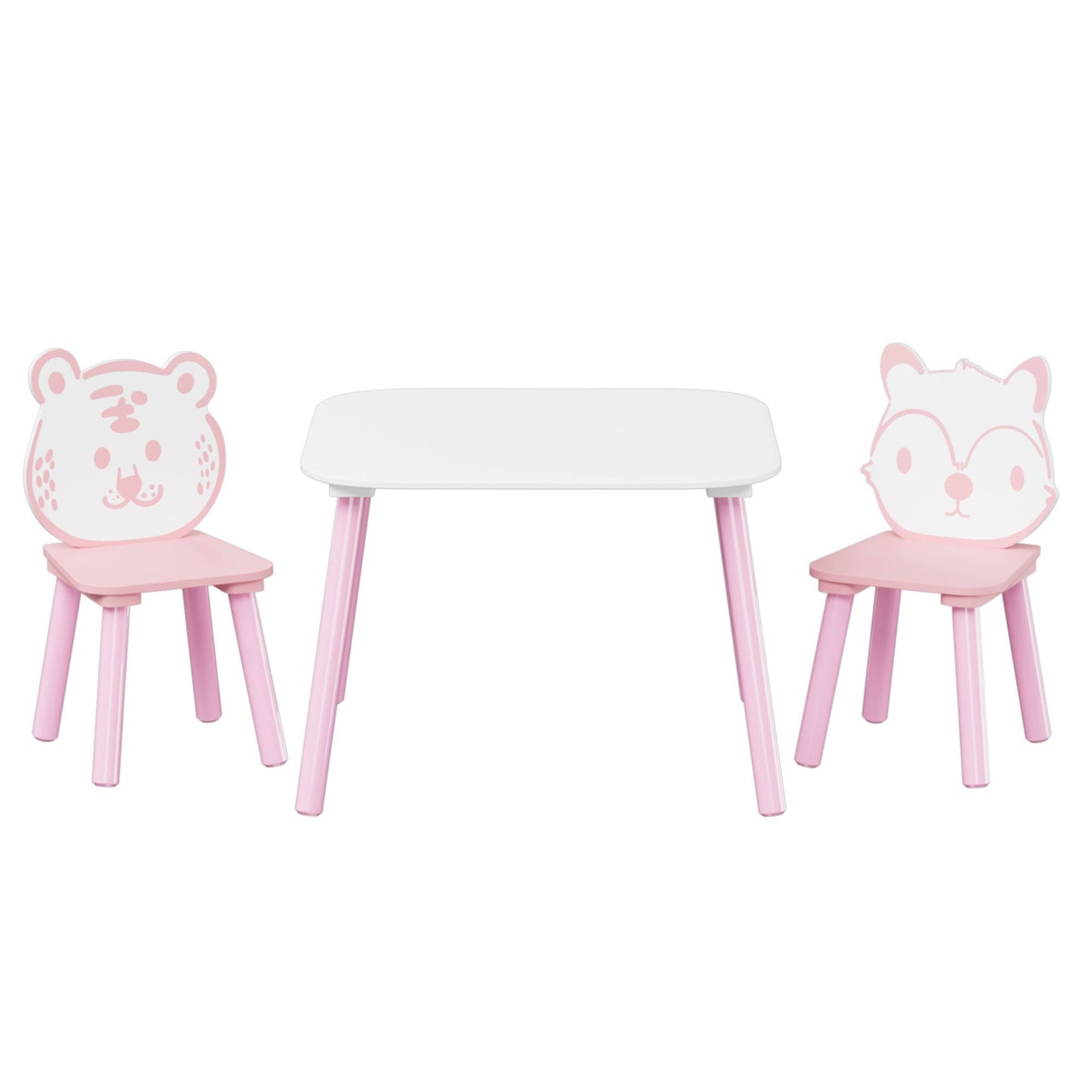 Table And Chair Set, 3 Piece Wooden Toddler Desk With Animal Backrest - Pink / White