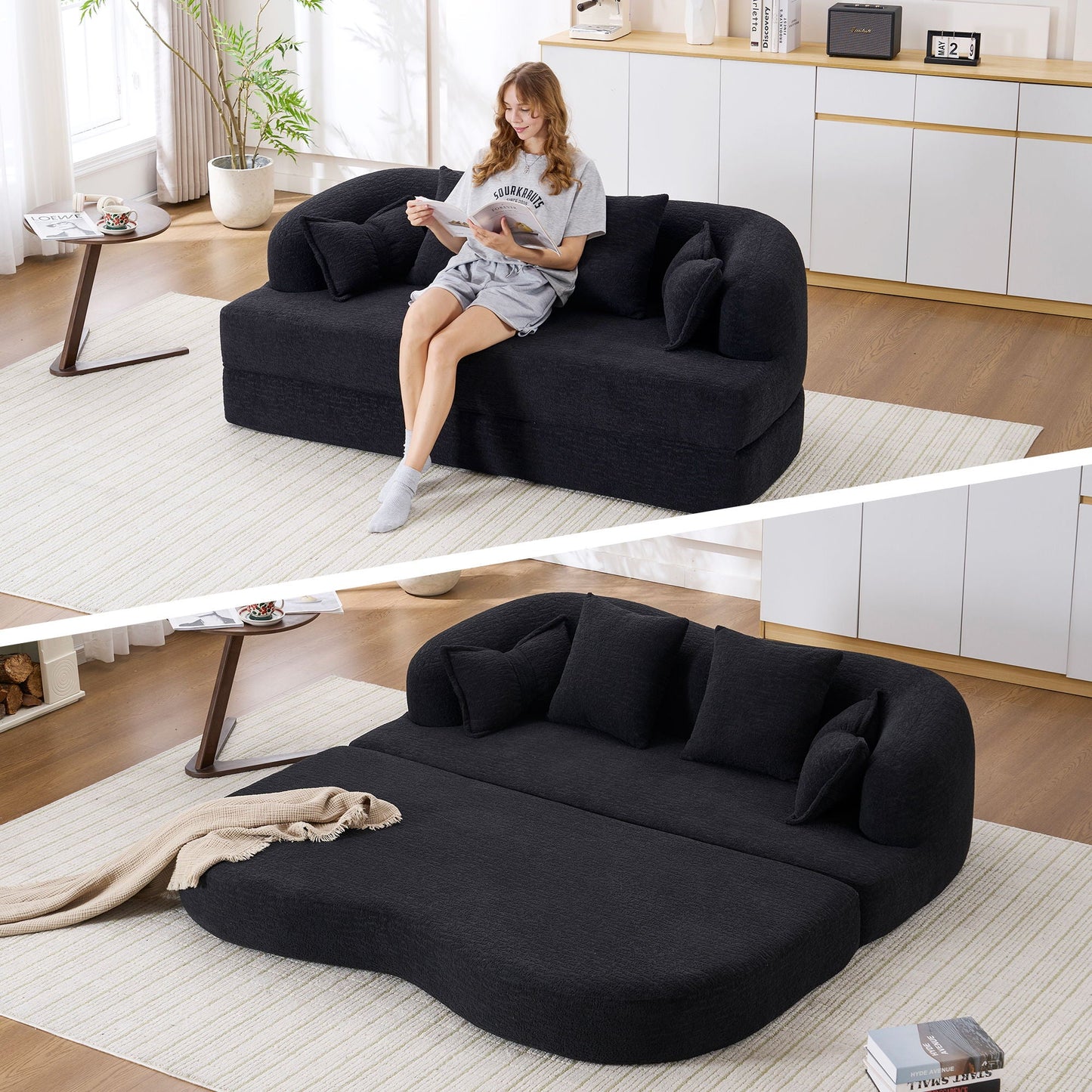Foldable Sofa Bed, Boneless Couch Convertible Sleeper With 4 Pillows