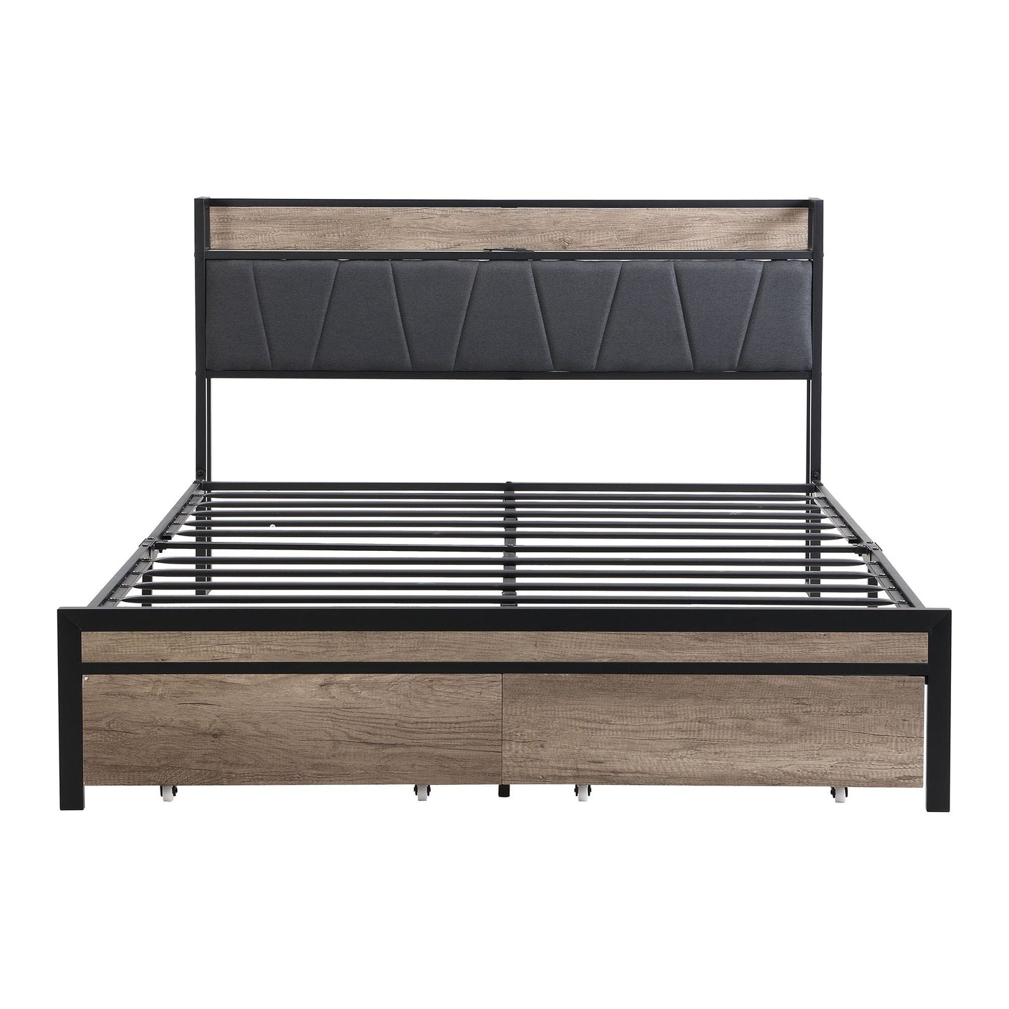 Modern Bed Frame With LED Lights, Upholstered Headboard, USB Charging