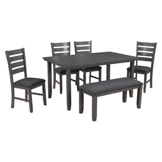 Dining Set For 6, Upholstered Chairs, Includes Table, 4 Chairs, And 2 Person Bench - Gray