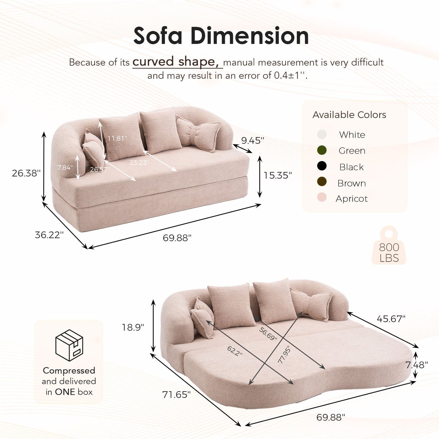 Foldable Sofa Bed, Boneless Couch Convertible Sleeper With 4 Pillows