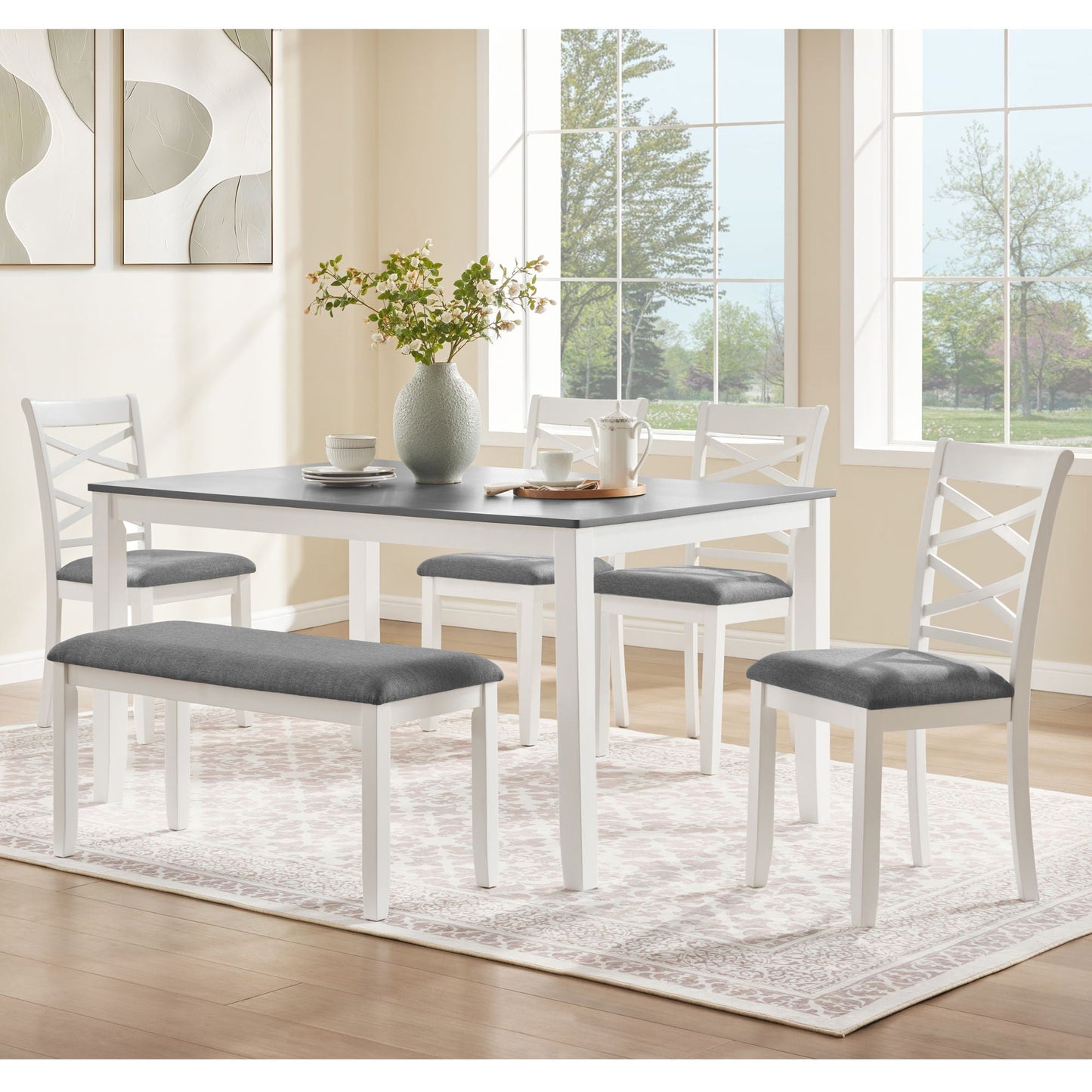 Elegant 6 Piece Dining Table Set With 4 Chairs And Bench