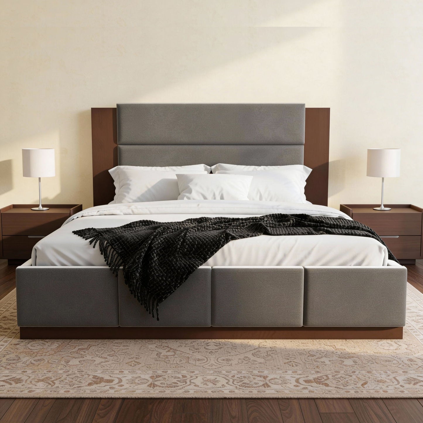 Modern Upholstered Platform Bed With Extended Headboard