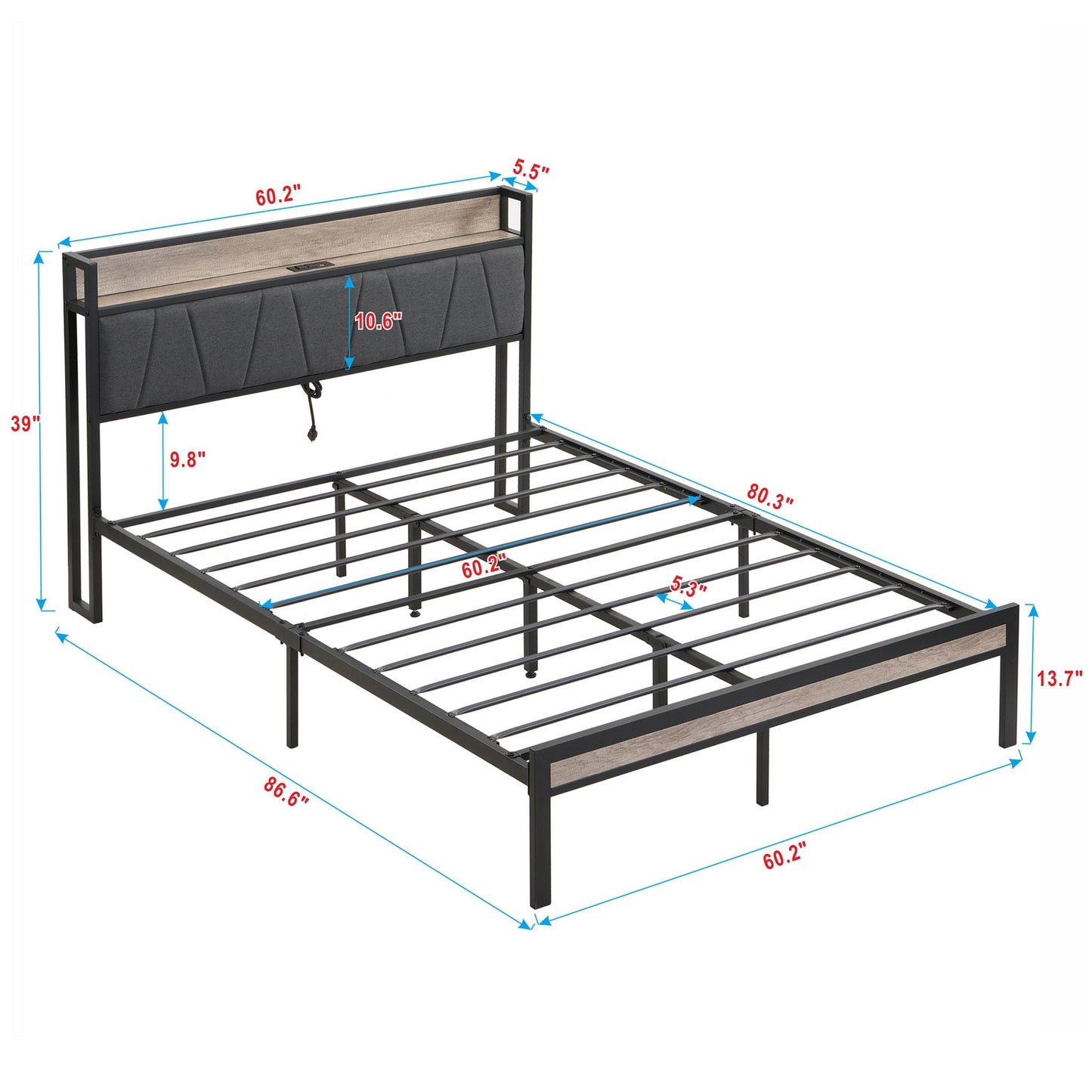 Modern Bed Frame With LED Lights, Upholstered Headboard, USB Charging