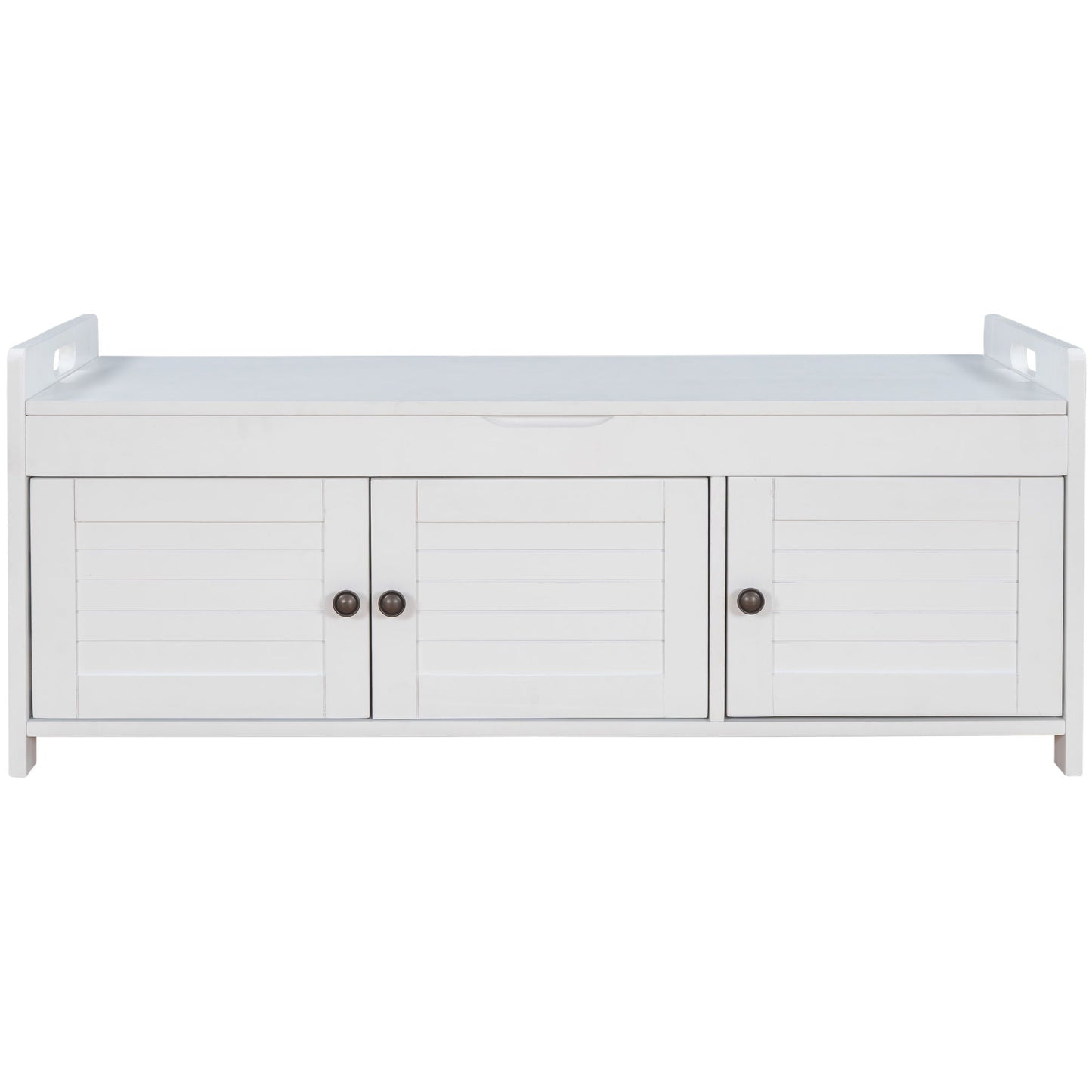 Storage Bench With 3 Shutter-Shaped Doors, Shoe Bench With Removable Cushion And Hidden Storage Space