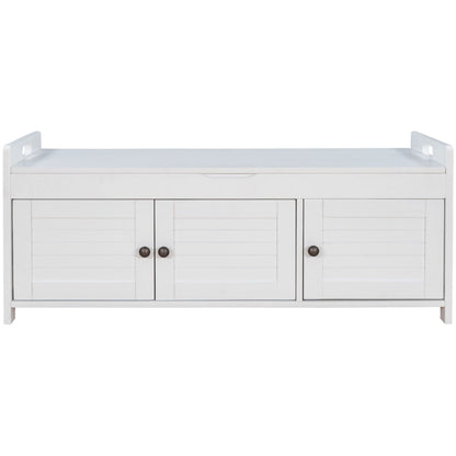 Storage Bench With 3 Shutter-Shaped Doors, Shoe Bench With Removable Cushion And Hidden Storage Space