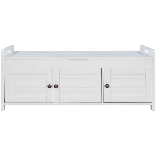 Storage Bench With 3 Shutter-Shaped Doors, Shoe Bench With Removable Cushion And Hidden Storage Space