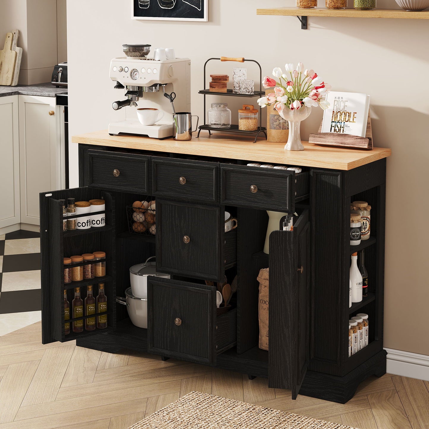 Sideboard Buffet Cabinet With 5 Drawers, 2 Cabinets, Adjustable Shelves