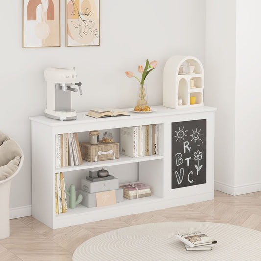 3 In 1 Bookshelf And Toy Storage Cabinet With Chalkboard, Organizer For Playroom Featuring And Spacious Storage - White