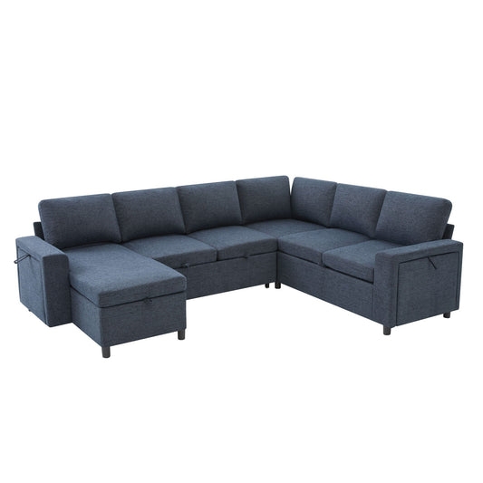 U - Shaped Convertible Sectional Sofa Bed With Storage, USB Charger & Cup Holders