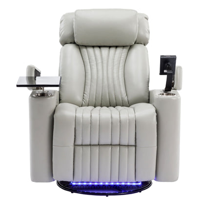 270° Power Swivel Recliner Home Theater Chair With Hidden Arm Storage, LED Light, Cup Holder, And Tray Table