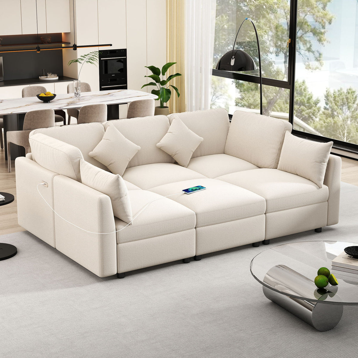 Sectional Sofa Modular U-Shaped With Ottoman & USB Ports