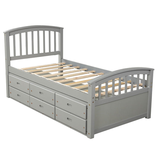 Twin Size Platform Storage Bed Solid Wood Bed With 6 Drawers - Gray
