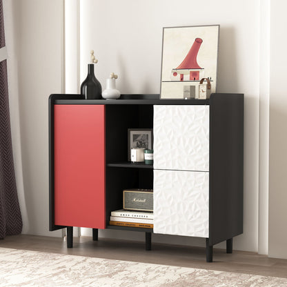 Modern Sideboard Buffet Cabinet With Red Doors And Unique Panel Styling