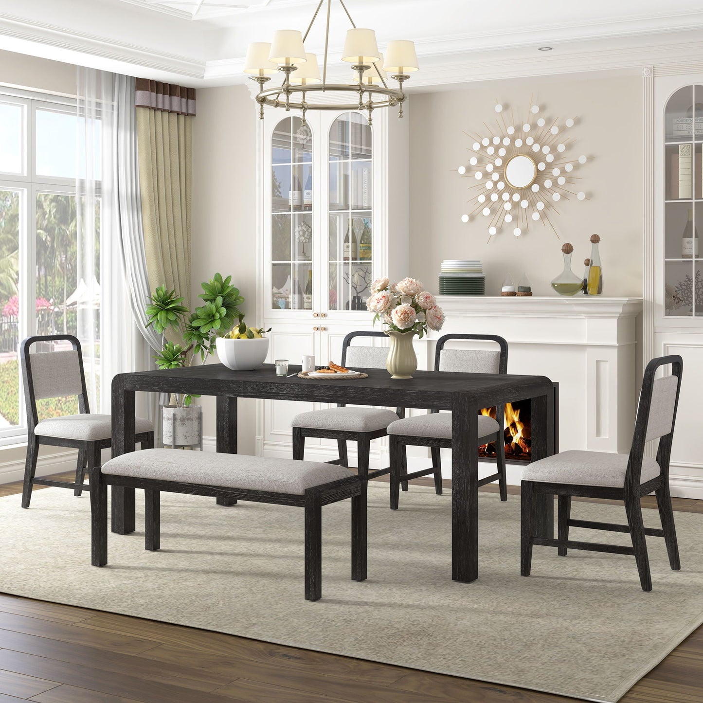 Extendable Dining Table Set With 4 Upholstered Chairs And 1 Bench