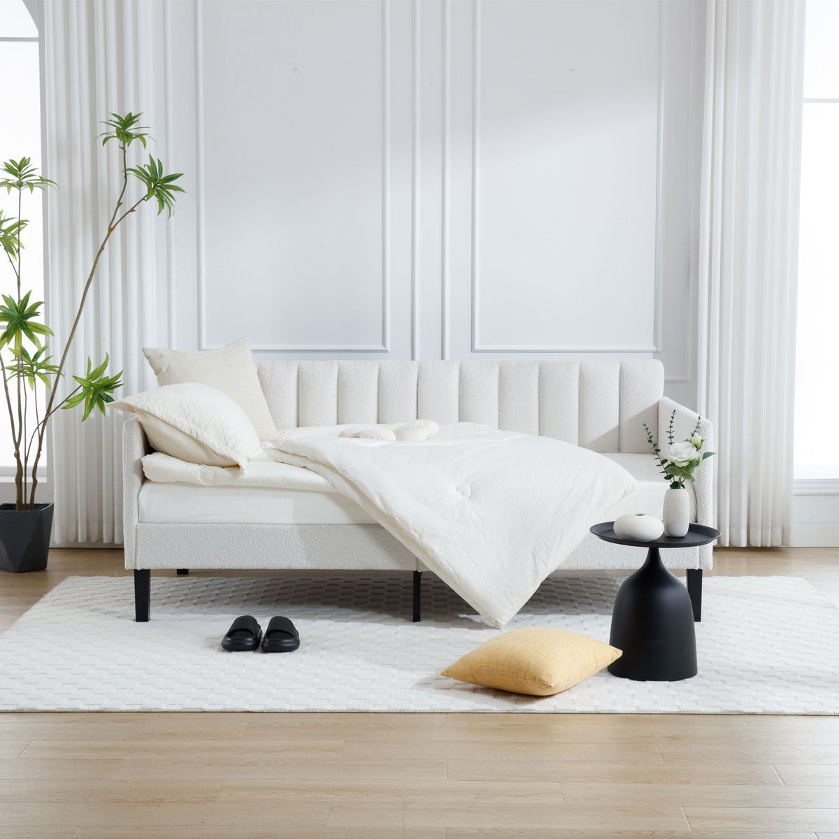 Elena - Boucle Upholstered Daybed, Ribbed Tufted Backrest