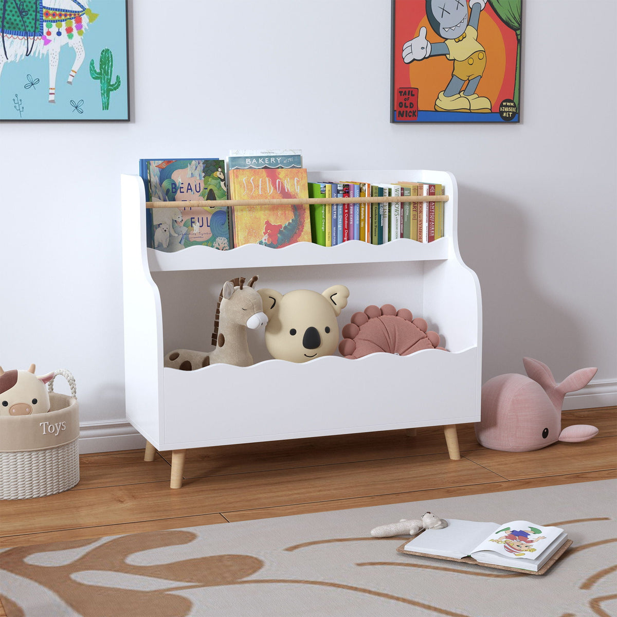 Kids Bookcase, Children Book Organizer Toy Storage Cabinet - White