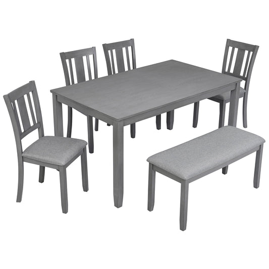 6 Pieces Kitchen Dining Set, Rectangular Wooden Dining Table With 4 Upholstered Chairs And A Bench