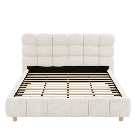 Pula - Queen Platform Bed With Upholstered Headboard, Slat Support, No Box Spring Needed - Ivory