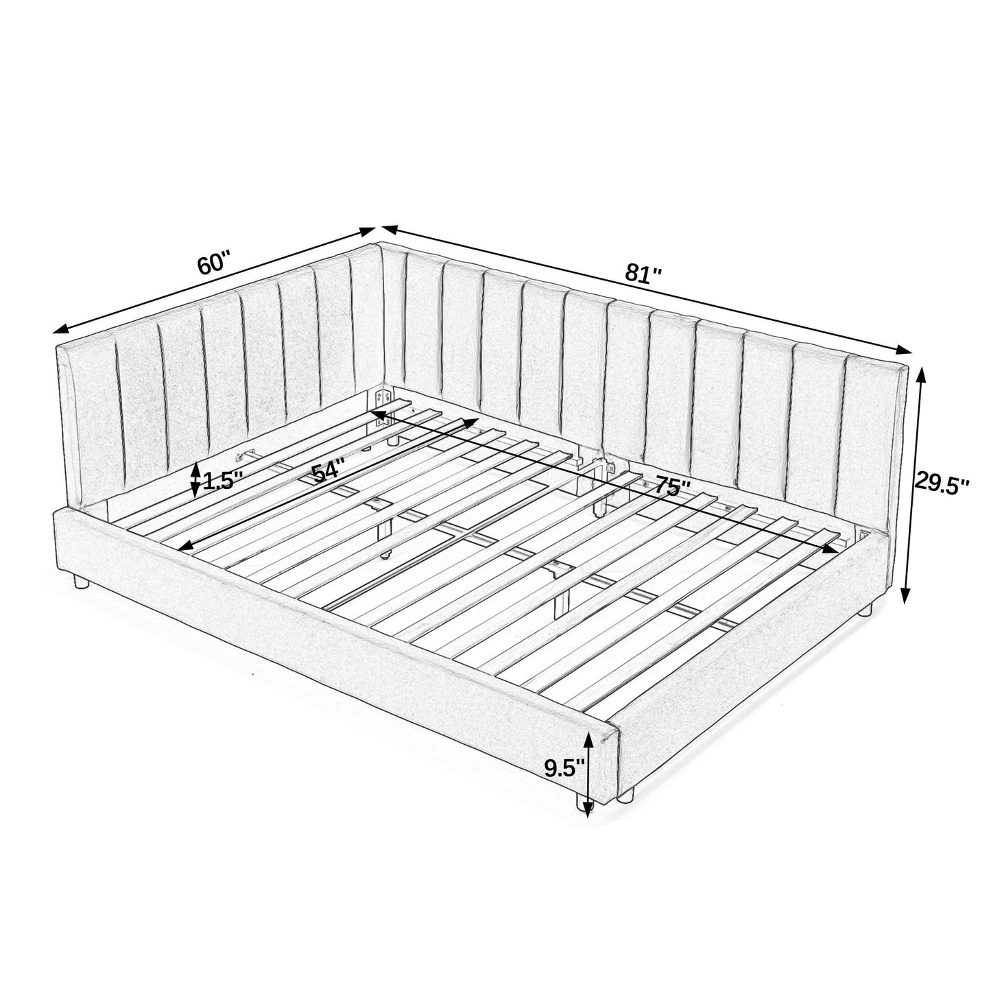 Mid-Century Upholstered Tufted Bed Frame With Backrest And Armrests