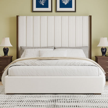 Tall Headboard Upholstered Bed With Vertical Striped And Wingback Design, Box Spring Needed