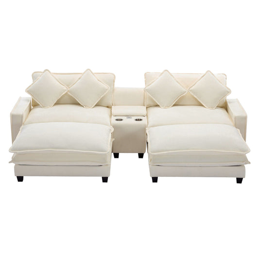 Sectional Sofa Upholstered Sofa With Two Removable Ottoman, Two USB Ports, Two Cup Holders And Large Storage Box For Living Room