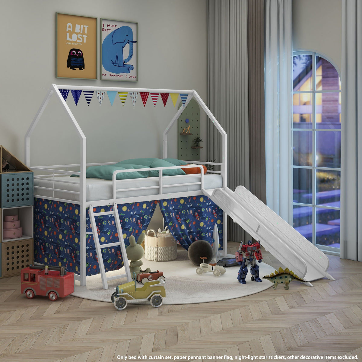 Jack - House Loft Bed With Slide And Curtain Set