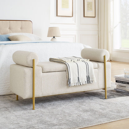 Elegant Upholstered Linen Storage Bench With Cylindrical Arms And Iron Legs, White