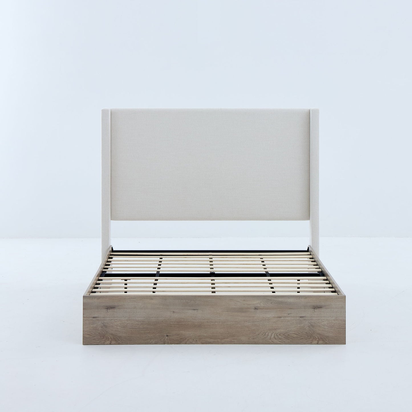 Shelton - Queen Upholstered Wingback Bed With 54" High Headboard - Ivory / Light Gray / Camel Oak