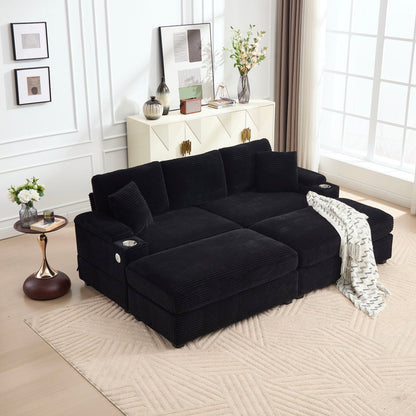Convertible Sectional Sofa Bed Set With Armrest Storage, Cup Holder, USB - Black