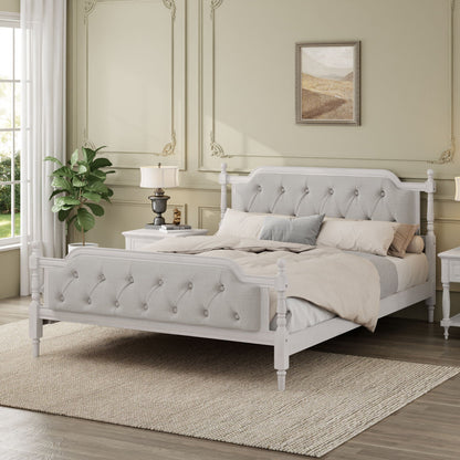 Traditional Style Solid Bed Frame With Upholstered Tufted Headboard, No Box Spring Needed