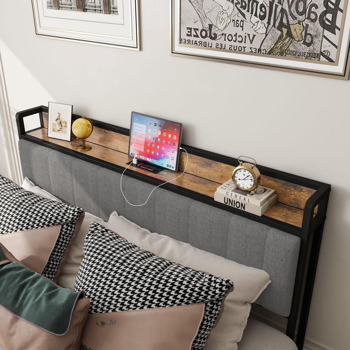 Bed With Charging Station, American Design Upholstered Headboard, Metal Platform