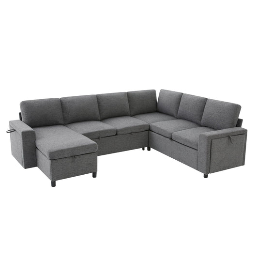 U - Shaped Convertible Sectional Sofa Bed With Storage, USB Charger & Cup Holders