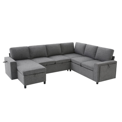 U - Shaped Convertible Sectional Sofa Bed With Storage, USB Charger & Cup Holders