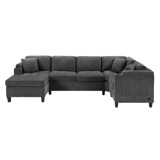U Shaped Sectional Sofa, Corner Living Room Couch With Built In Cup Holders, Storage, USB Ports