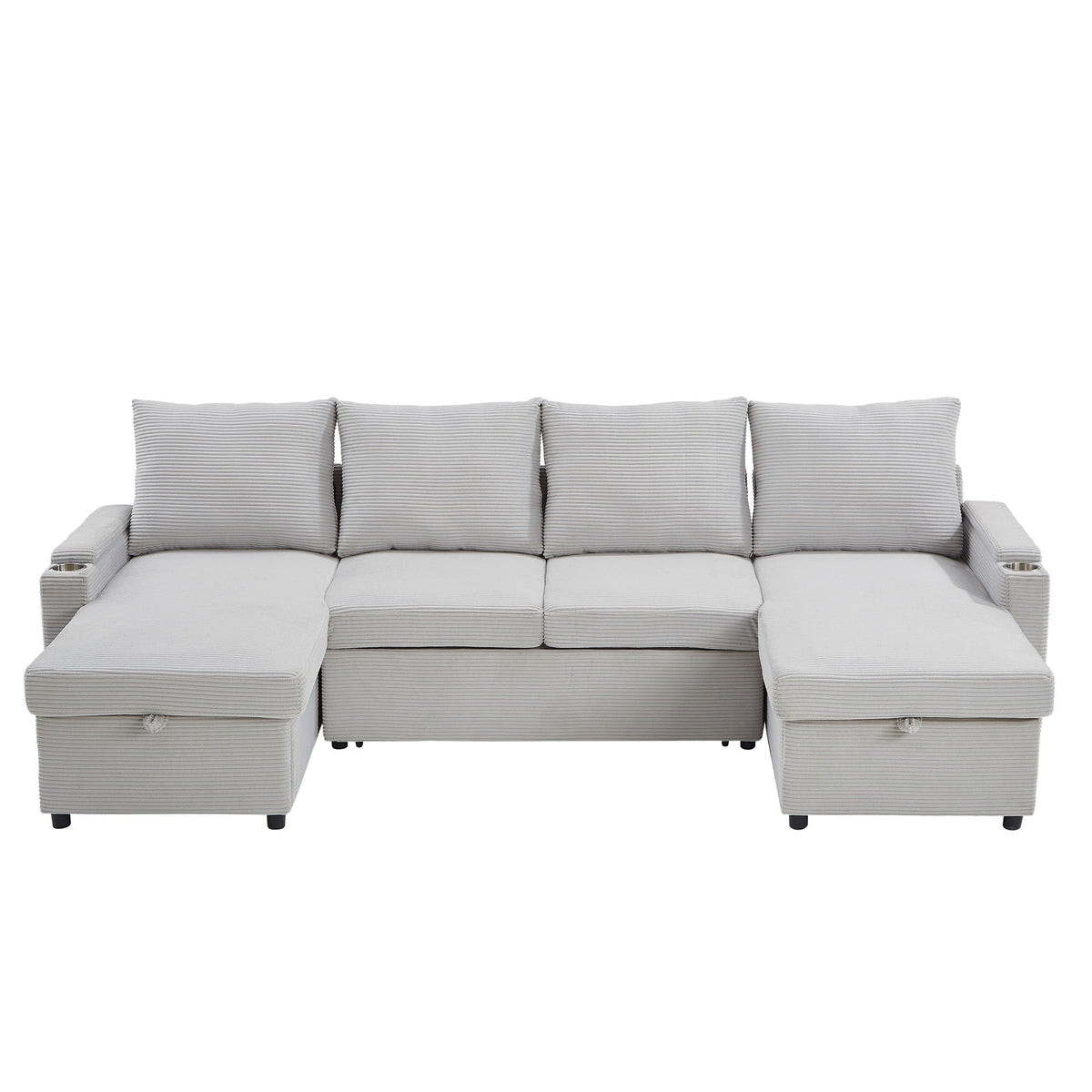 U Shaped Sectional Sofa Bed With Storage Chaise Lounges, USB Ports, And Cup Holders