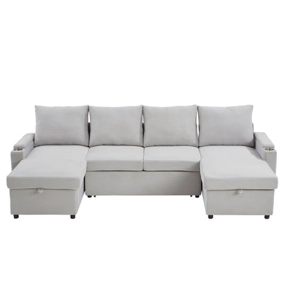 U Shaped Sectional Sofa Bed With Storage Chaise Lounges, USB Ports, And Cup Holders