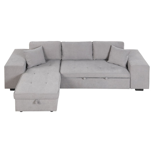 Modern L-Shape 3 Seat Reversible Sectional Couch, Pull Out Sleeper Sofa With Storage Chaise And 2 Stools For Living Room Furniture Set