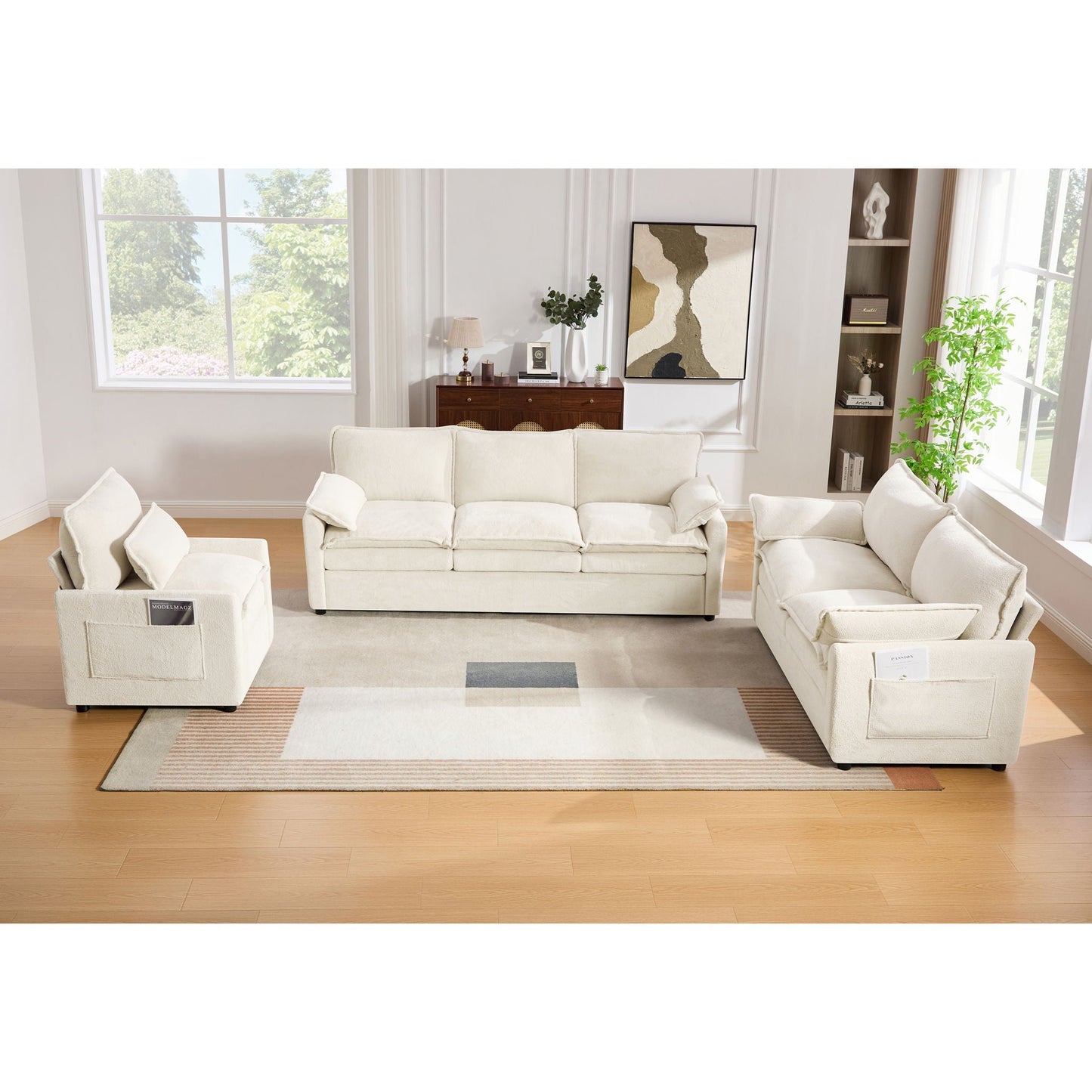 Modern Sofa Set With Double Layer Cushion And Side Storage Pockets
