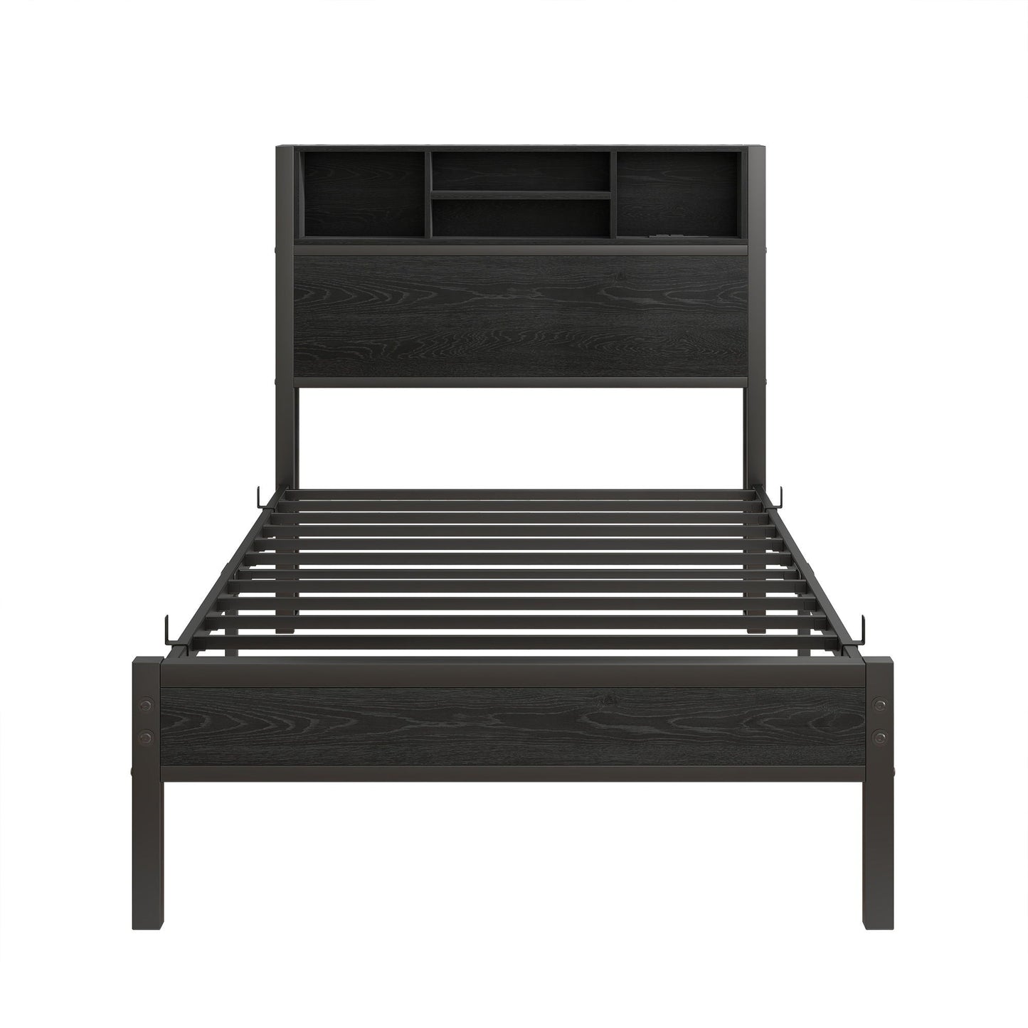 Modern Metal Platform Bed Frame With Storage Headboard And Charging Station