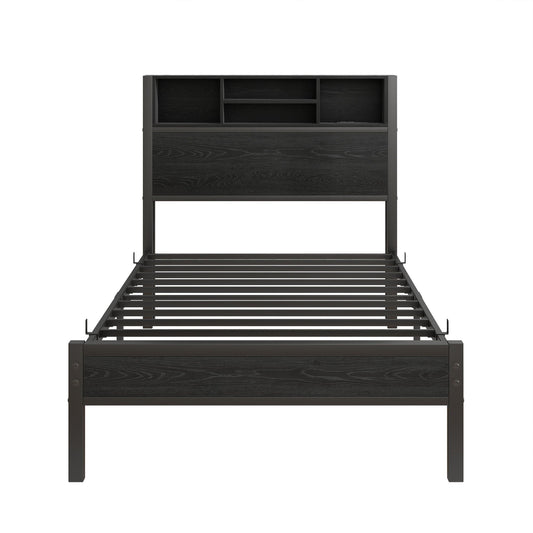 Modern Metal Platform Bed Frame With Storage Headboard And Charging Station