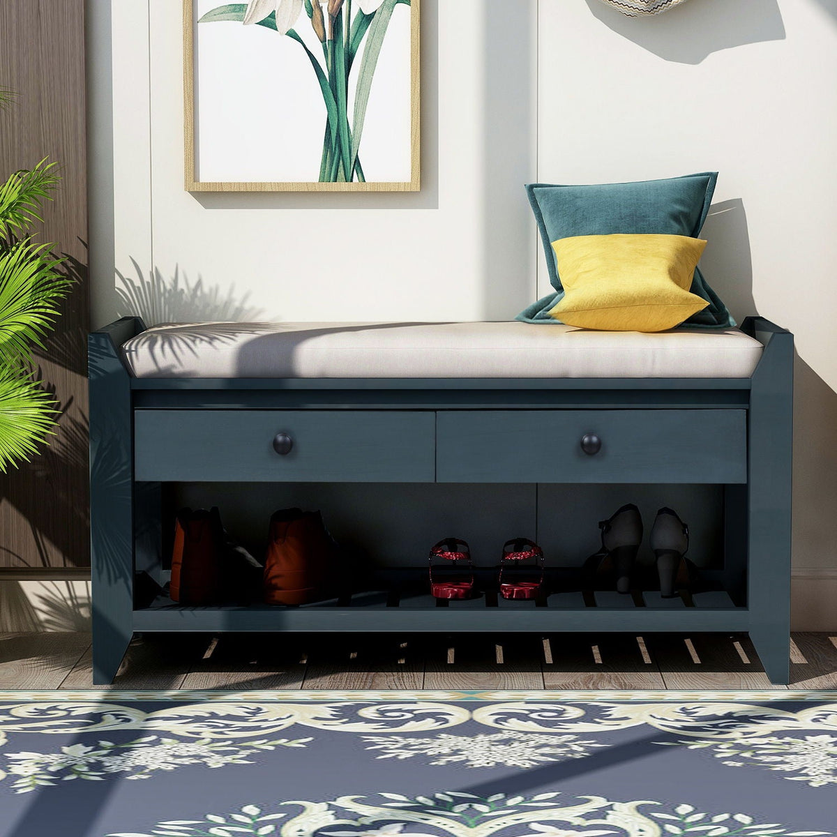 Multipurpose Entryway Shoe Rack With Cushioned Seat And Drawers