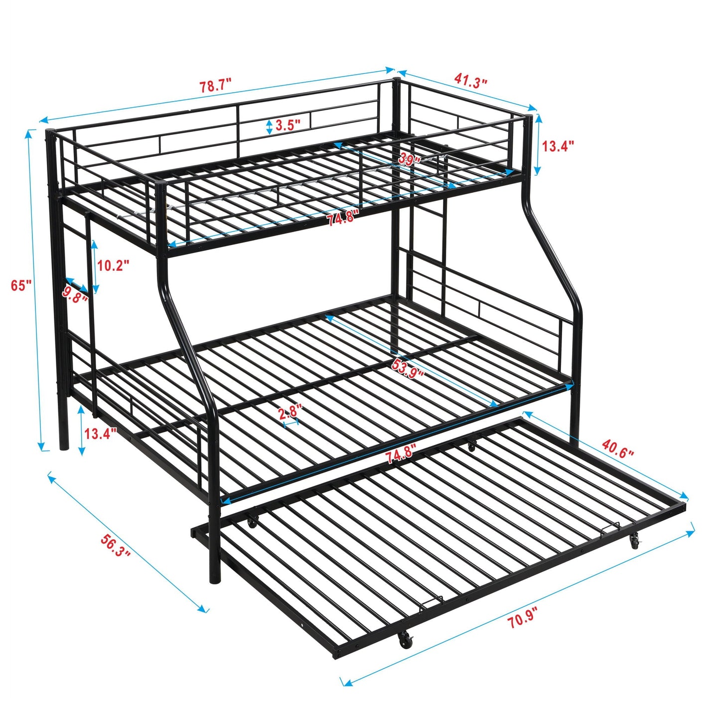 Twin Over Full Modern Metal Bunk Bed With Trundle - Black